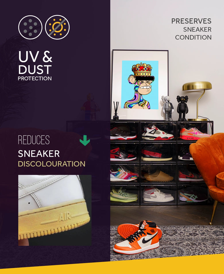 Transparent Crep Protect sneaker box 3.0 for sneaker storage, featuring a stackable design