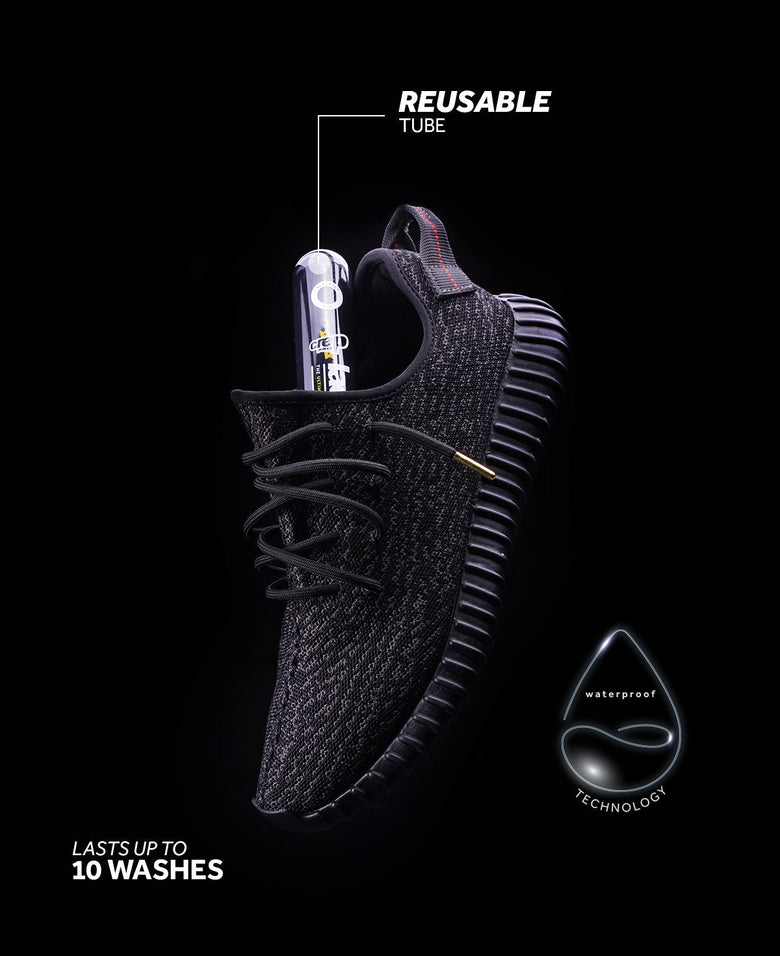Sneaker adorned with sleek black Crep Protect laces, enhancing its style.