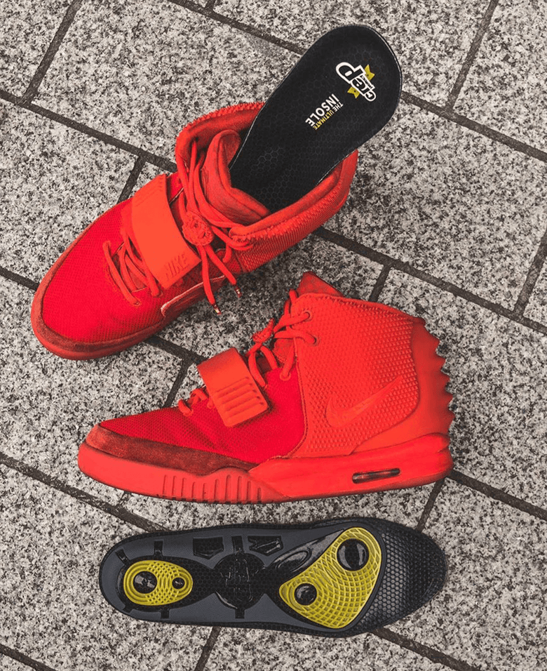 Crep Protect red sneakers fitted with the ultimate insoles for enhanced comfort and support.